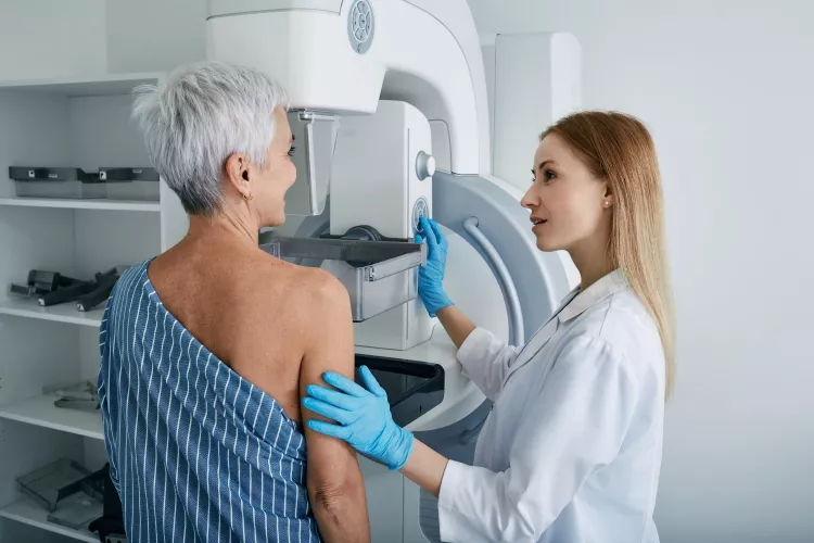 Senior woman getting a mammogram